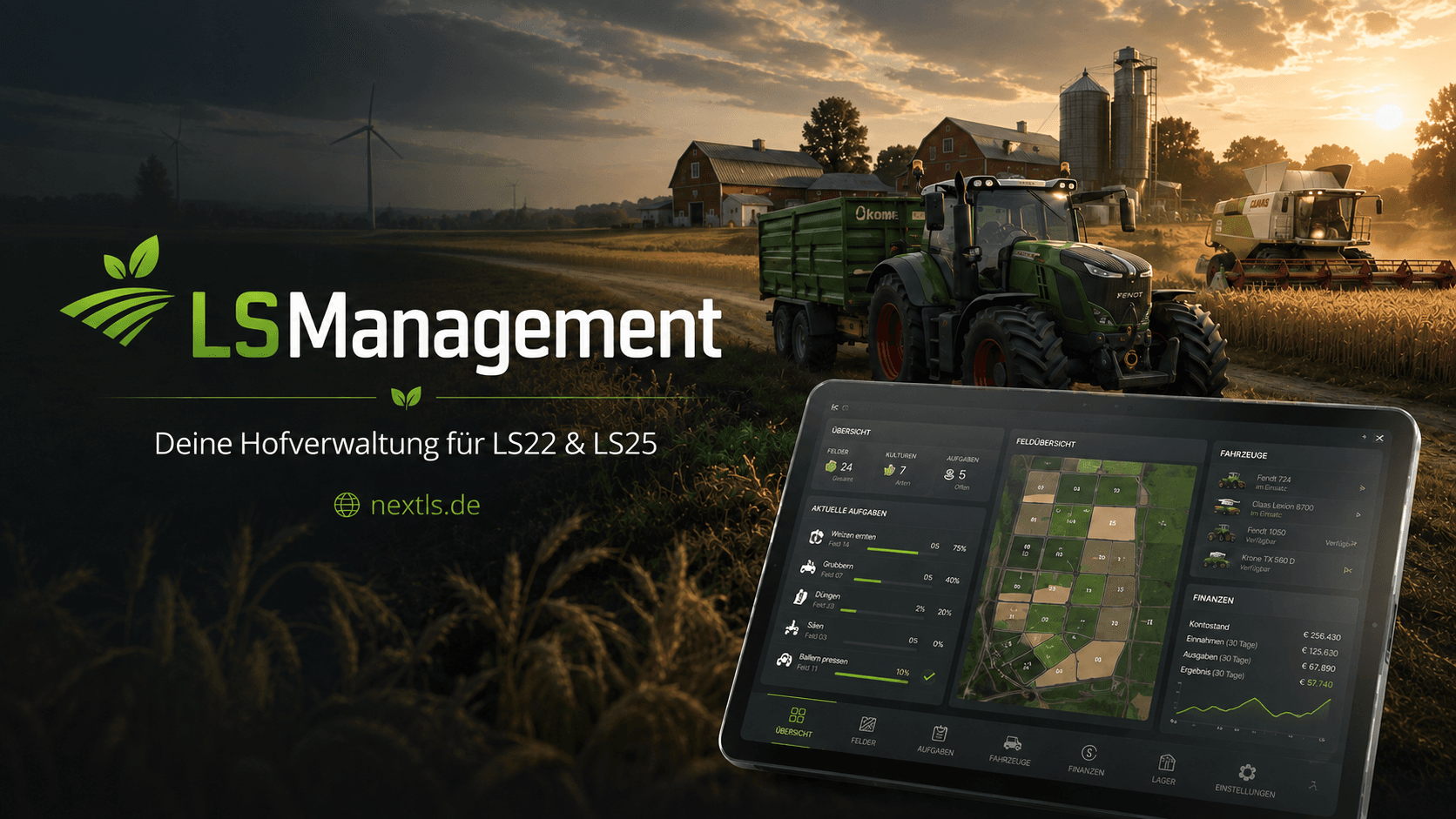 Next Level of Farming Dashboard-Vorschau auf einem Tablet, im Hintergrund ein LS22/LS25-Hof bei Sonnenuntergang