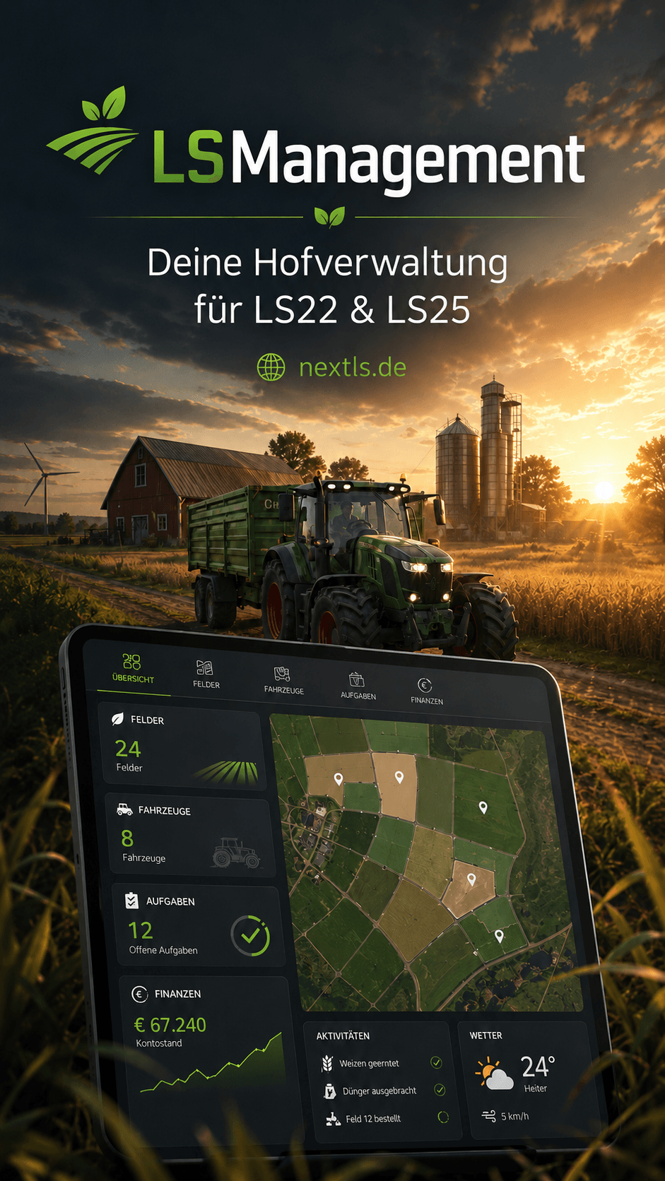 Next Level of Farming Dashboard-Vorschau auf einem Tablet, im Hintergrund ein LS22/LS25-Hof bei Sonnenuntergang