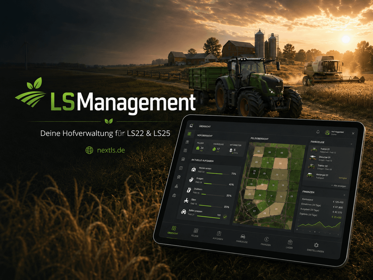 Next Level of Farming Dashboard-Vorschau auf einem Tablet, im Hintergrund ein LS22/LS25-Hof bei Sonnenuntergang